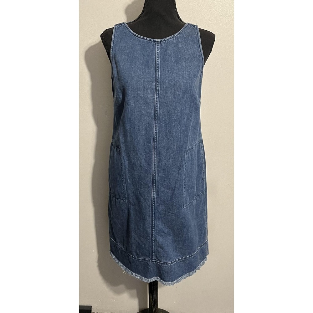 J Jill Denim Dress Womens XS Blue Sleeveless Shift Pockets Raw Hem Tie‎ Back